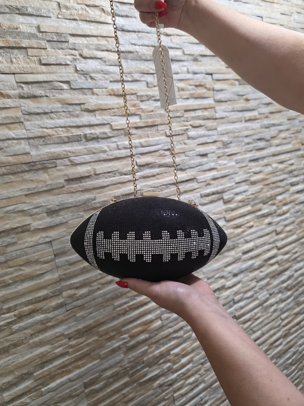 Black And Silver Rhinestones Football Clutch with Gold Chain